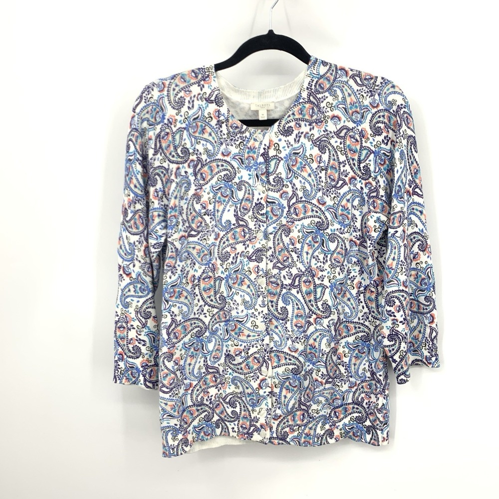 Talbots Women Size Medium Sweater Button Front Cardigan Top White Blue Paisley